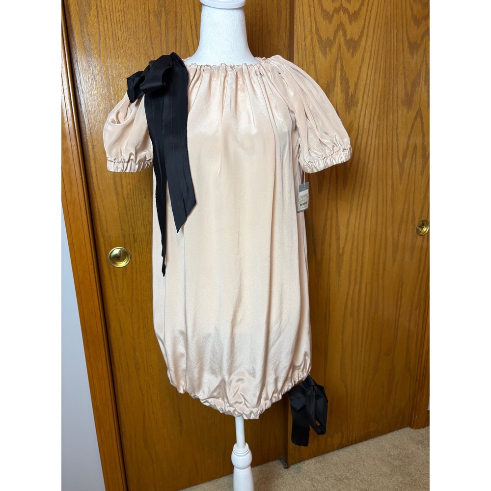 Julie Haus Gatsby Dress Rose Black Silk Bubble Hem Bow Mini Dress Medium NWT